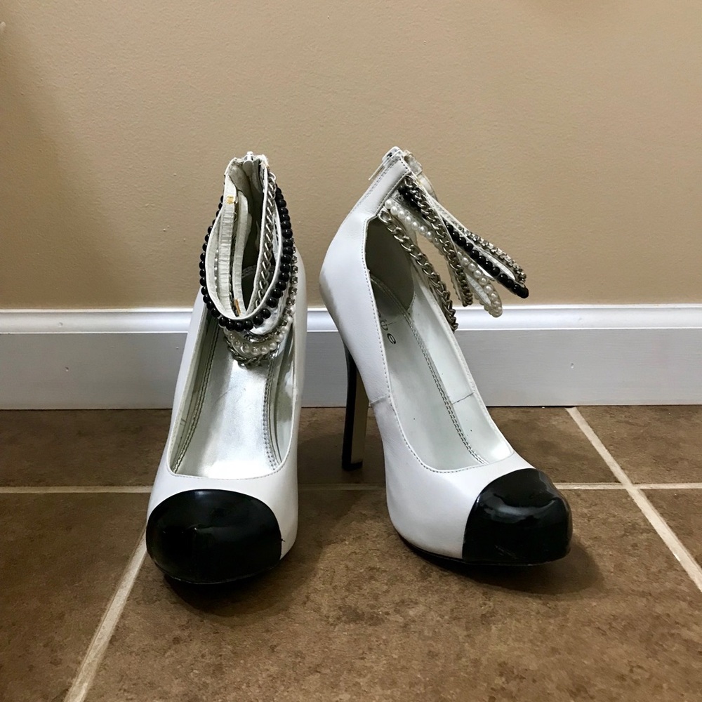 White Bebe heel with chain ankle straps